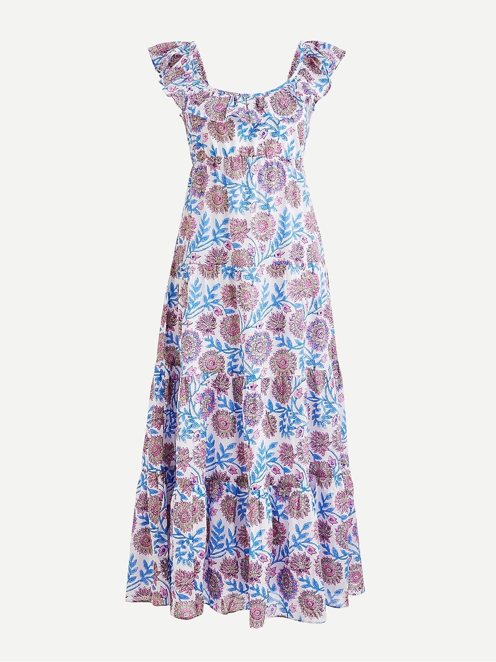 Tiered ruffleneck dress in floral vine block print